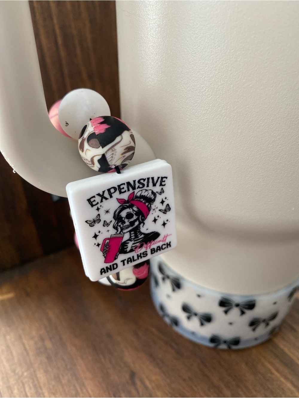 EXPENSIVE AND TALKS BACK Pink and Black Cup Tumbler Charm